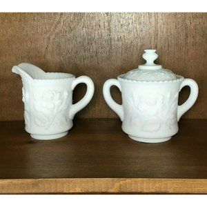 Vintage White Porcelain Sugar Creamer Set Rose Floral Design Matte Finish